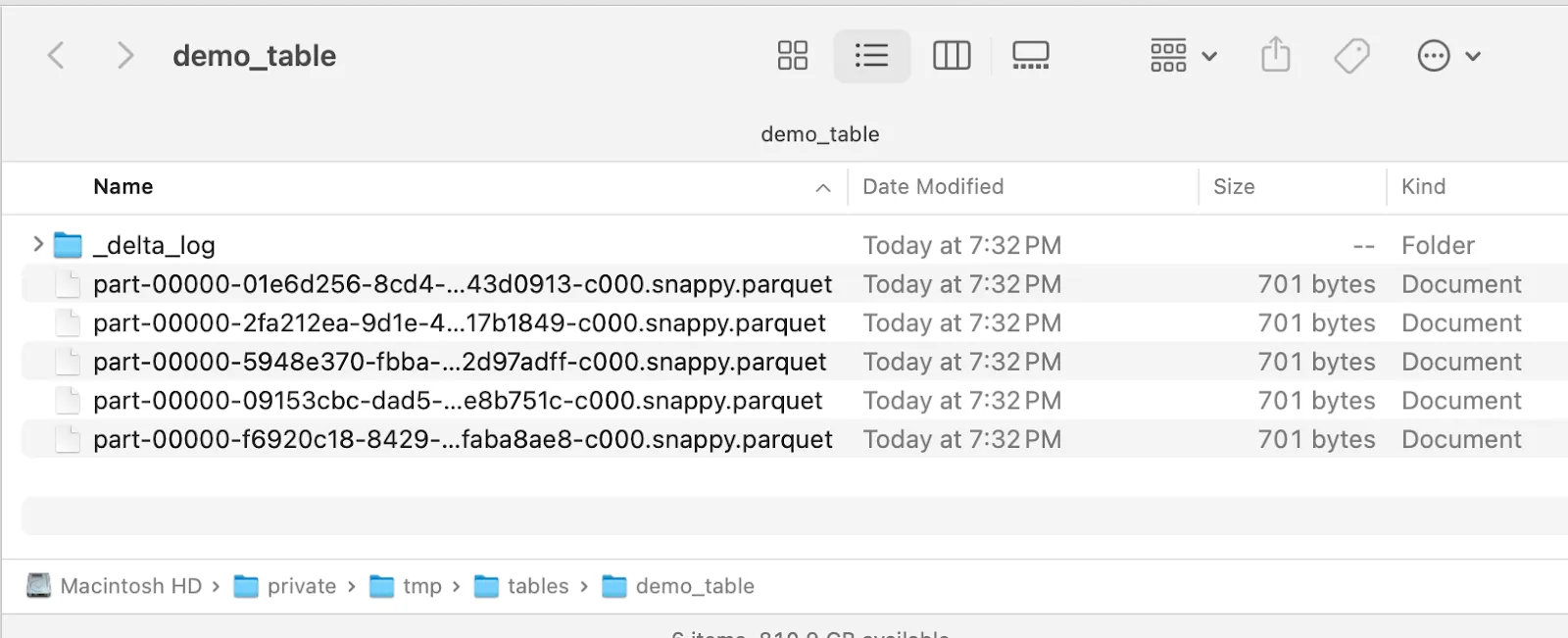 File explorer window displaying a folder named 'demo_table' containing Delta Lake files. Inside the folder are Parquet files with names starting with 'part' followed by unique identifiers, ending with '.snappy.parquet'. There is also a subfolder labeled '_delta_log' indicating it holds Delta Lake metadata.