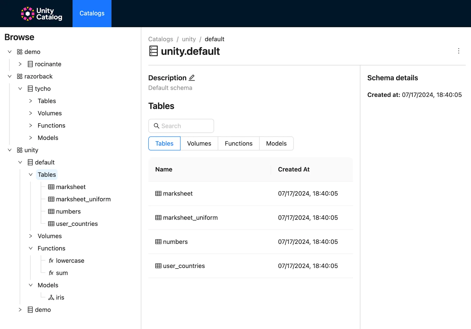 Screenshot of the Unity Catalog UI