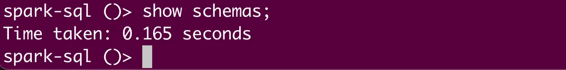Terminal output for Spark SQL command show schemas;, displaying only execution time without listing schemas.