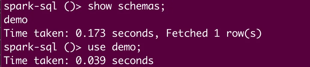 Terminal output showing Spark SQL commands to display schemas, listing only 'demo' schema with execution time, followed by a command to use the 'demo' schema.