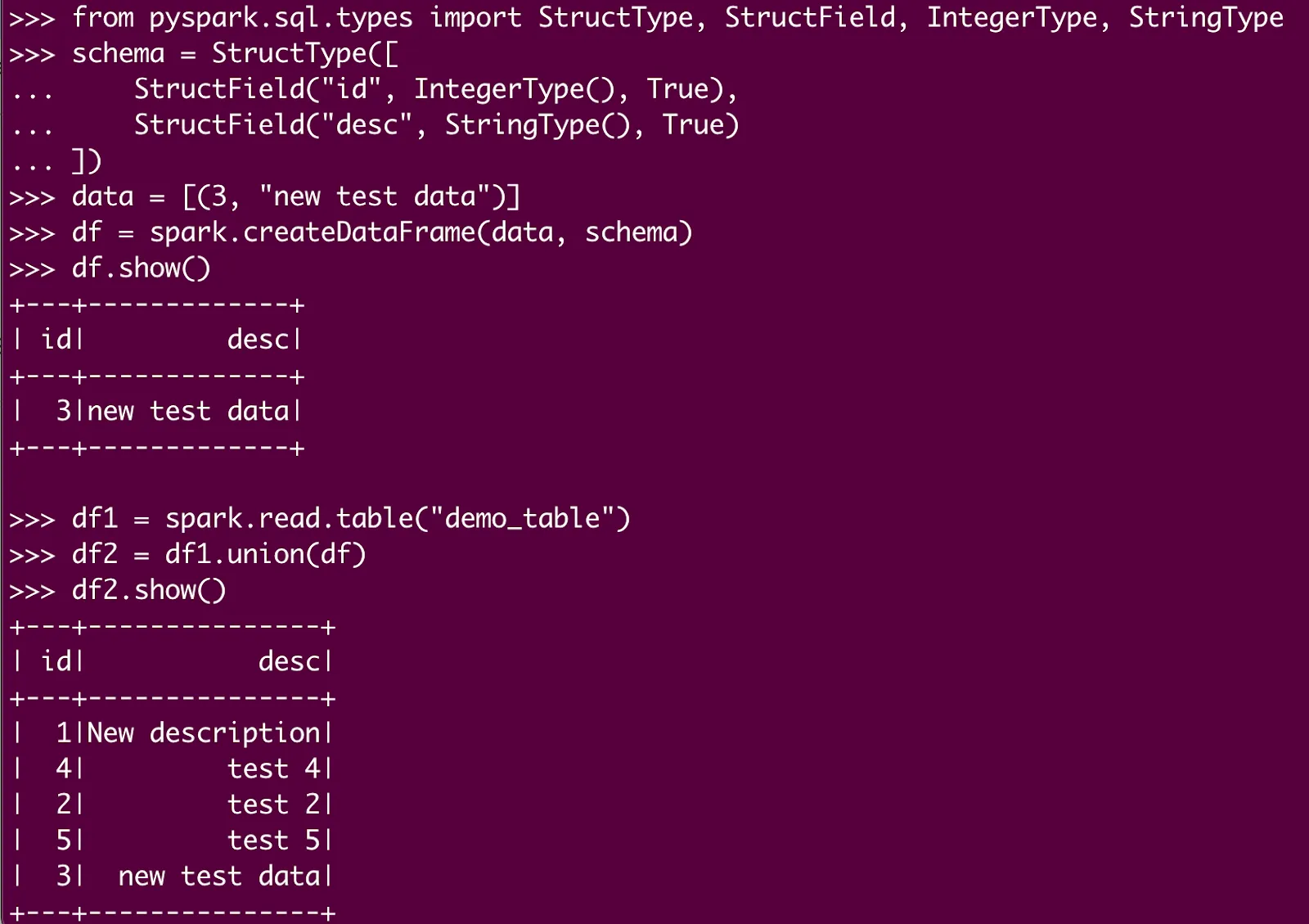 Terminal displaying code to define a schema using StructType for a new DataFrame in Spark, followed by a union operation combining the new DataFrame with an existing 'demo_table' DataFrame.