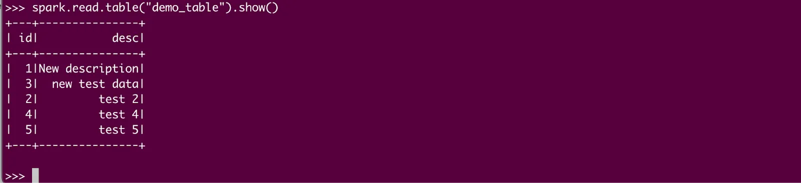 Terminal output displaying the contents of 'demo_table' after a read operation, showing updated rows with columns 'id' and 'desc' after modifications.